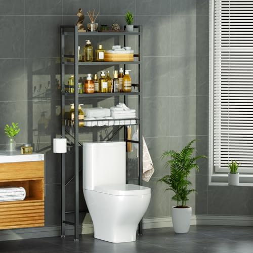 Over The Toilet Storage,4 Tiers Bathroom Organizers Storage Shelves Cabinet with Toilet Paper Holder and 9 Hooks,Toilet Rack for Bathroom,Fit Most Toilets,Black by QUJEON