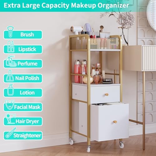 HapiRm Rolling Makeup Cart Organizer - Floor Skincare Make Up Storage with 2 Non-woven Fabric Drawers, Vanity Organizer Cosmetic Display Cases Holder for Skin Care Perfume Nail Polish Brush Hair Tool - Image 4