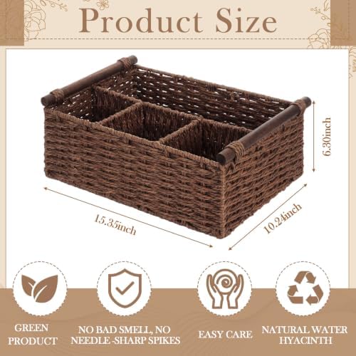 Remerry Brown Bathroom Countertop Organizer Caddy, Wicker-like Divided Basket with Handle and Metal Frame, 4 Compartment, Paper Rope Storage Organizer for Vanity Kitchen (15.35 x 10.24 x 6.3 in) - Image 2