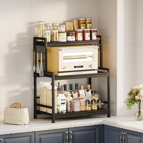23.6"W Large Kitchen Countertop Organizer, 3 Tier Spice Rack Organizer with Adjustable Shelf and 10 Hooks, Wooden Counter Organizer, Countertop Shelf Microwave Stand for Kitchen, Coffee Bar, Black - Image 3