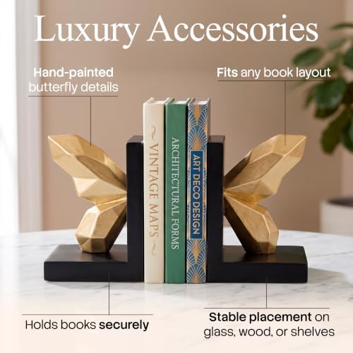 Butterfly Bookends – Luxury Decorative Gold & Black Resin Book Holders, Heavy Duty Book Stoppers for Bookshelves, Home Office, Library & Desk Decor, Elegant Gift for Book Lovers - Image 4