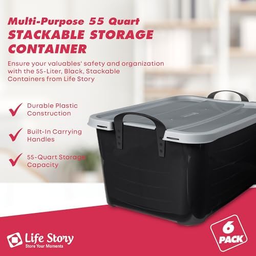Life Story 6 Pack Stackable Storage Bin, 55 Qt Home Organizers, Black/Gray - Image 2