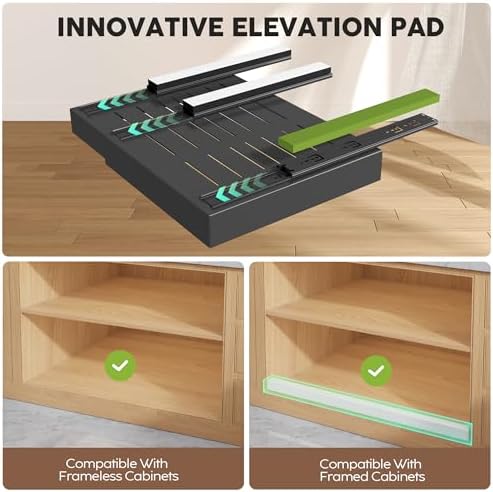 Seinloes 6 Pack Pull Out Cabinet Organizer 21"Deep with Raising Pad for Framed Cabinets,Expandable Slide Out Drawers with 4pcs Divider Racks,Roll Out Shelf Adhesive,Adjustable Width 12.05"-20.4"Black - Image 2