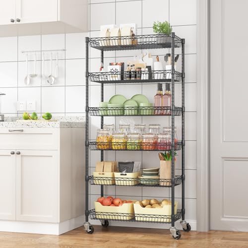 Homdox 6-Tier Rolling Wire Basket Shelf, Adjustable Metal Storage Rack with Wheels for Pantry, Kitchen, Bathroom, Laundry Room and Closet, 30" W x 13.5" D x 65" H, Black - Image 2