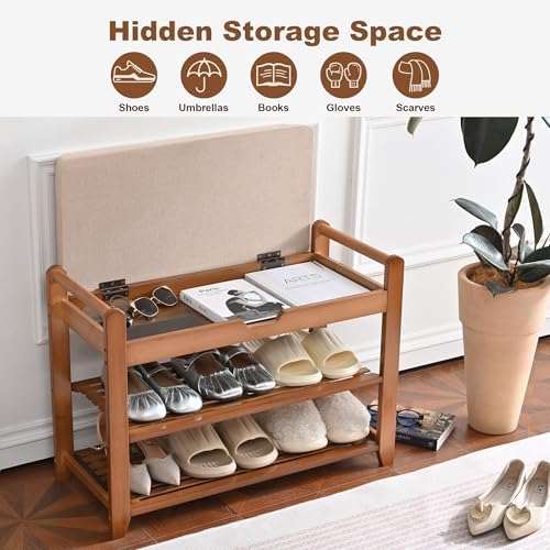 27.6in Shoe Rack with Storage Bamboo Entryway Bench with Drawer & Hooks - Image 3