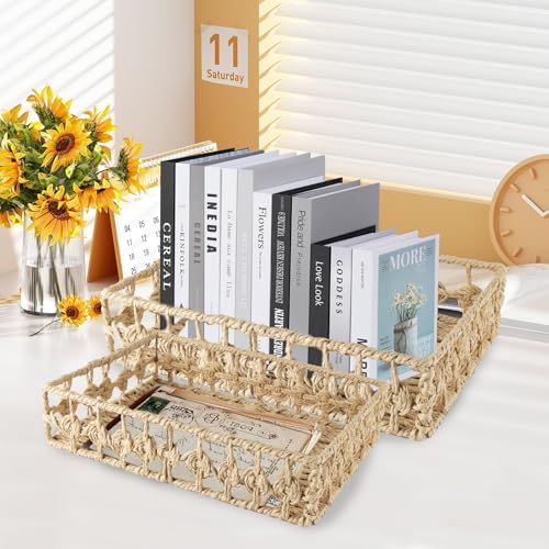 2 Pack File Folders Organizer,Woven Storage Basket for Folders,Mail,Letter,Office Supplies Desk Accessories for Women,Paper Letter Tray Desk Organizer,Stackable File Storage Desktop Organizer - Image 6