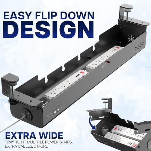 VIVO No Drill 35 inch Under-Desk Clamp-On Cable Management Box with Flip-Open Lid, Easy-to-Open Steel Cord and Power Strip Organizer, Cable Organizer Tray, 11 lbs Capacity, Black, DESK-ACMB35-C - Image 5