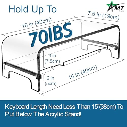 AMT 2 Tier 5.7 Inch High Acrylic Laptop Monitor Stand & Computer Riser with Cat Keyboard Protector, Space-Saving Design, Extra Storage, Clear Shelf - Ideal for Monitors, Laptops, Printers, Desktop - Image 2