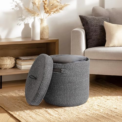 Storage Basket with Lid, Woven Blanket Storage for Living Room, Cute Cotton Rope Bin with Lid, Round Wicker Laundry Basket with Cover, Decorative Kid Dog Toy Box, Nursery Organizer, 15"x13" - Image 3