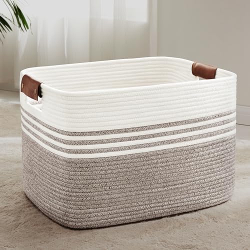 86L Woven Laundry Basket Hamper with Leather Handles,Dark Brown by SunNewt