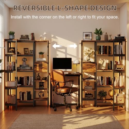YOSHOOT L-Shaped Corner Bookshelf with LED Light Strips & Fabric Drawer, 5-Tier Industrial Convertible Book Shelf Freestanding Display Shelf for Living Room, Home Office, Bedroom (Rustic) - Image 5