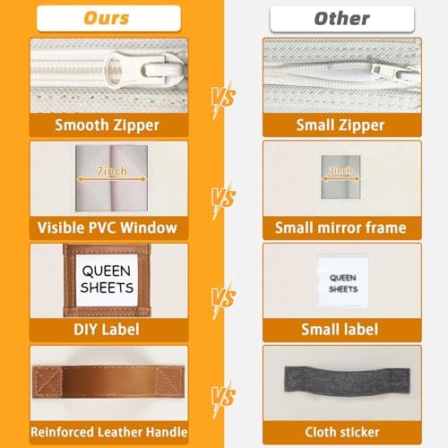 GhvyenntteS 8 Pack Bed Sheet Organizers and Storage (Queen & King Size), Foldable Sheet Organizers and Storage with Window and Label, Bed Sheet Organizer with Leather Handle, Beige - Image 4