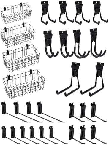 Slatwall Accessories Slatwall Hook Slat Wall Hanging Hook Garage, Slat Wall Accessory Includes 4 Pack Slatwall Baskets Set and 26 PCS Multisized Heavy Duty Slatwall Hooks (30 Hook) by FRAYSCENT