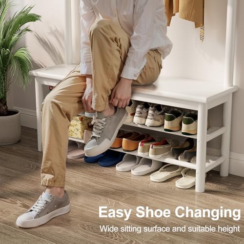 AQIMUELE Coat Rack with Shoe Storage, Wooden Hall Tree with Bench, 11 Hooks and 2-Tier Storage Shelves, 3-in-1, Entryway Bench with Coat Rack (39.3"-Deep White) - Image 6