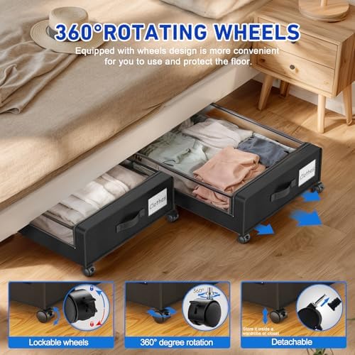 Beborxue Under Bed Storage with Wheels, 4-Pack UnderBed Storage Containers with Clear Lids, XXL 60L Under the Bed Storage Organizer Bins, Rolling Under Bed Metal Drawer for Clothes,Shoes,Toys (Black) - Image 3