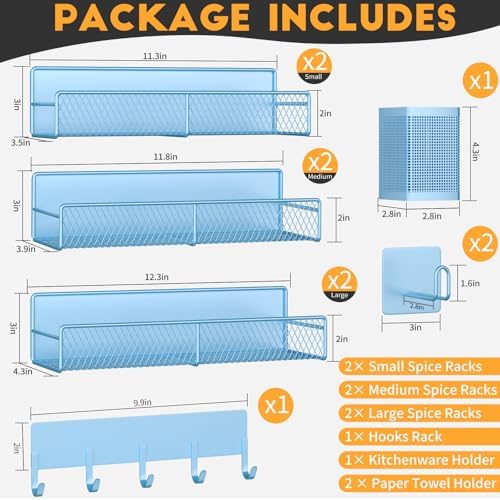 Magnetic Spice Rack for Refrigerator, 10 Pack Metal Magnetic Shelf, Moveable Spice Organizer with Hook Rack, Paper Towel Holder, Kitchenware Holder, Strong Magnetic Storage Fridge Organizer Blue - Image 2