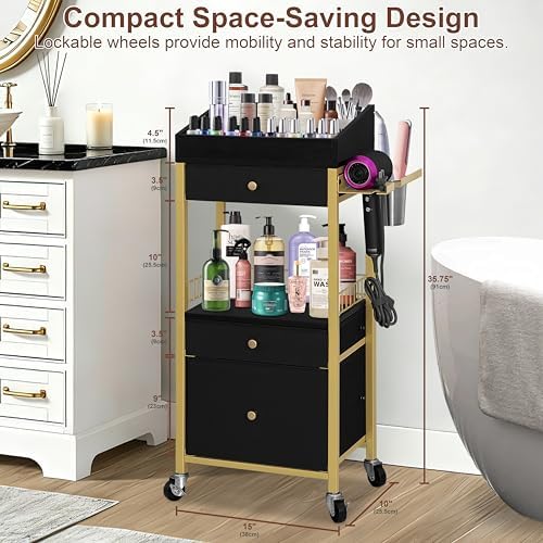 Makeup Organizer Cart, 3 Drawers, Vanity Organizer, Gold & Black - Image 6