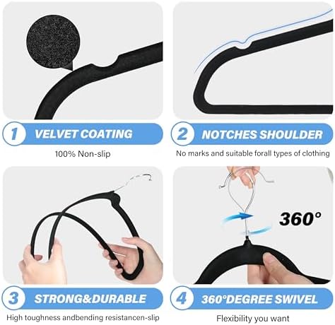 YSSOA Velvet Hangers 60 Pack, Non-Slip Clothes Hangers with Shoulder Notches, 360° Swivel Hooks, Heavy Duty Standard Hangers for Closet Space Saving, Black - Image 3