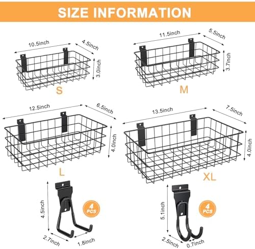 12 Pack Slatwall Organizer Kit with 4 PCs Slatwall Baskets (10.5 to 13.5 Inches) and 8 PCs Slat Wall Hooks Black Steel Slatwall Accessory for Garage, Retail Display and Home Storage (Black) - Image 2