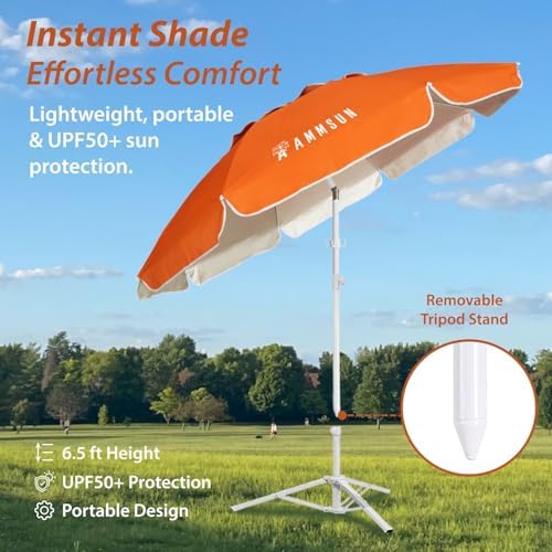 AMMSUN Shade Umbrella, Premium Portable Umbrella with Stand, 6.5ft Lightweight Free Standing Canopy for Sporting Games, Adjustable Instant Sun Protection and Easy to Carry, Orange - Image 3