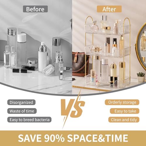 YCIA&DONE Bathroom Organizer Countertop, Makeup Storage, Skincare Cosmetic Tray Shelf, Perfume Holder Rack for Vanity Counter, Large Capacity, Easy to Install, Clean, 3 Tiers, Clear White - Image 2