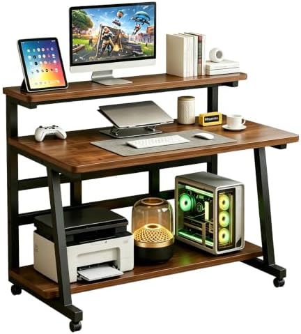 Rolling Computer Desk, 31.5 Inch Small Desks For Small Space, Portable Small Computer Desk with Monitor Stand & 3-Tier Storage, Portable Desk on Wheels for Writing, Home Office, Small Desk for Bedroom by Unknown