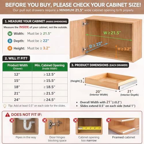 Menkxi 2 Set Wooden Pull out Cabinet Organizer Fully Assembled Slide out Pantry Drawer with Gentle Close Storage Shelf Tray for Base Kitchen Under Sink Bathroom Accessory(Wood Color,21'' X 21'' X 3'') - Image 2