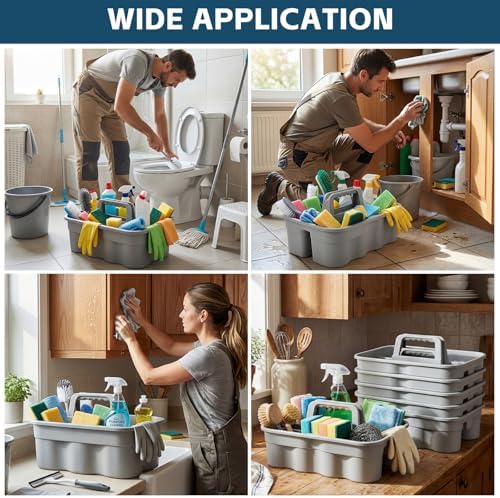 Wesiti 6 Pcs Cleaning Caddy with Handle Large Plastic Housekeeping Shower Basket Cleaning Supplies Organizer for Spray Bottles Brush Home Bathroom Office (Gray) - Image 4