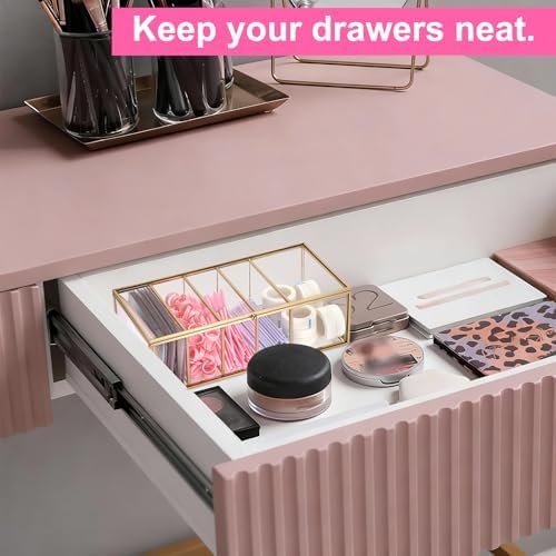 ELLDOO Lash Extension Organizer Box with Lid, Gold Glass Eyelash Supplies Organizer Storage Box, 5 Compartments Bathroom Supplies Storage Container for Cotton Swabs, Balls, Pads, Floss Picks - Image 7