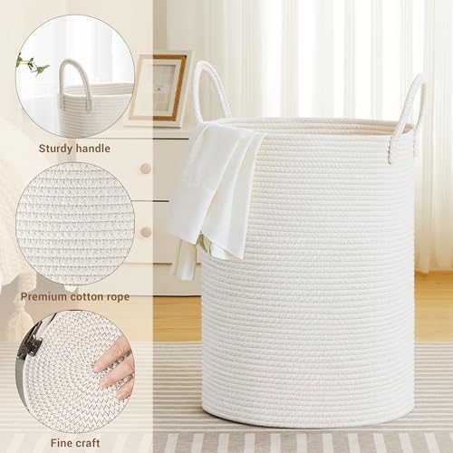 100L Extra Large Tall Cotton Rope Laundry Basket with Handle, White - Image 3