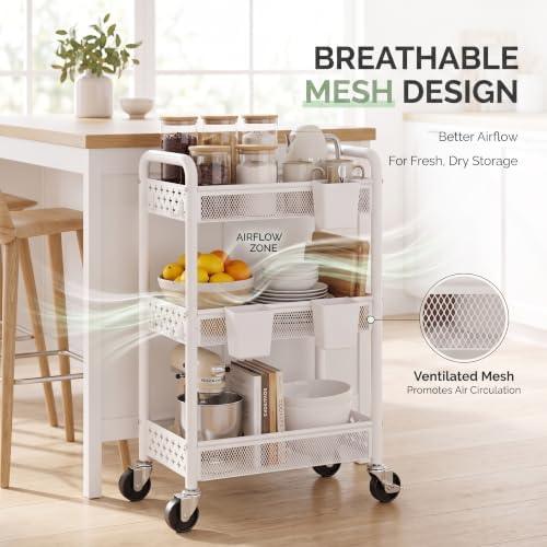 3 Tier Heavy Duty Metal Rolling Storage Cart Organizer with Wheels, White - Image 7