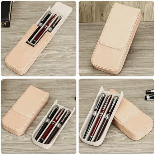 Top Grain Genuine Leather 3 Fountain Pen/Pencil Case Organizer, Solid Minimalist Design, Handmade, Magnetic Closing with Drawer Design, Gift Choice for Man/Woman/Office, Glossy Nude, 3 Slots - Image 2
