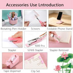 Office Supplies,Pink Desk Accessories,Desk Organizer,Stapler,Tape Dispenser,Folding Phone Stand,Scissors,Notebook,Staple Remover,Staples,Clear Tape,Sticky Notes,Clips,Cool Pen,Bookmark,Ect.22pcs - Image 3