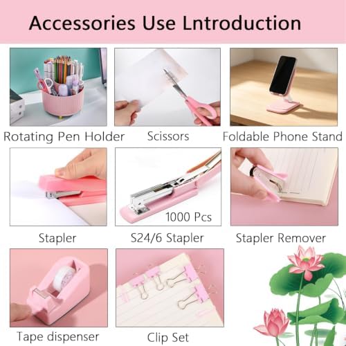 Office Supplies,Pink Desk Accessories,Desk Organizer,Stapler,Tape Dispenser,Folding Phone Stand,Scissors,Notebook,Staple Remover,Staples,Clear Tape,Sticky Notes,Clips,Cool Pen,Bookmark,Ect.22pcs - Image 3