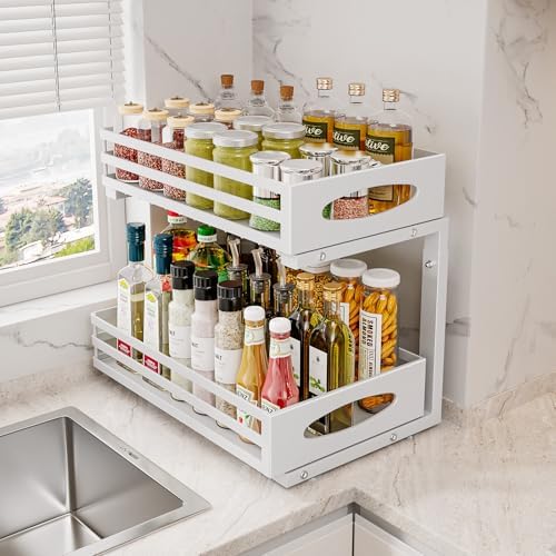 Under Sink Organizer, 2 Tier Under Sink Organizers and Storage, Adjustable Height, Slide out Metal Cabinet Organizers, Pull out Cabinet Storage Drawer Shelf for Kitchen Bathroom (White, 1 Pack) - Image 6