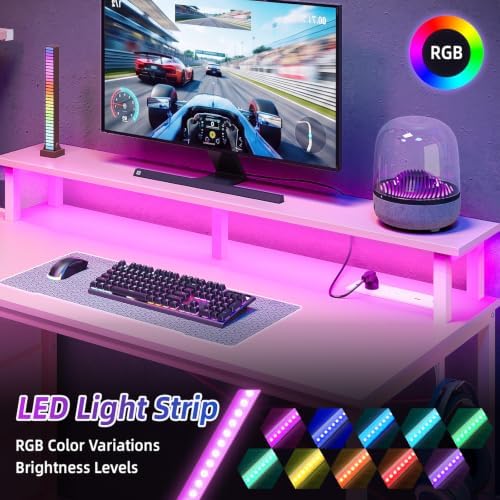 SUPERLELE Gaming Desk with Power Outlet, LED Lights, Storage Shelf & Drawer - Image 4