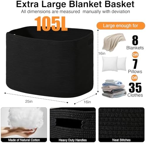 ICERZCZ Large Black Blanket Basket, Storage Baskets for Blankets, Woven Baskets for Storage, Woven Cotton Rope Basket for Toys, Clothes, Shoes, Books, Black, 25”x16”x16” (105L) - Image 2