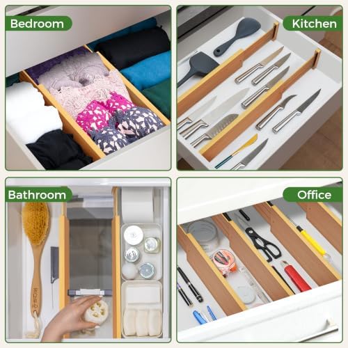 FJO 6 Pack Bamboo Drawer Dividers 4.65" High Adjustable from 17'' to 22'' - Image 5