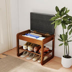 Shoe Rack Bench with Flip-Top Storage, Rubberwood 2-Tier Shoe Organizer with Cushion, Small Wooden Shoe Stand for Entryway, Mudroom, Hallway, Closet, Front Door Entrance, Foyer by Cuzobro