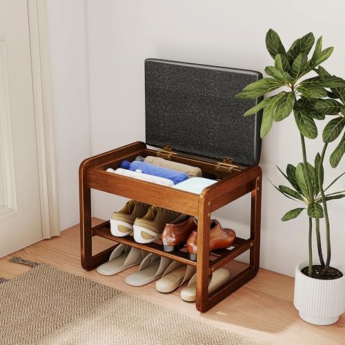 Shoe Rack Bench with Flip-Top Storage, Rubberwood 2-Tier Shoe Organizer with Cushion, Small Wooden Shoe Stand for Entryway, Mudroom, Hallway, Closet, Front Door Entrance, Foyer by Cuzobro