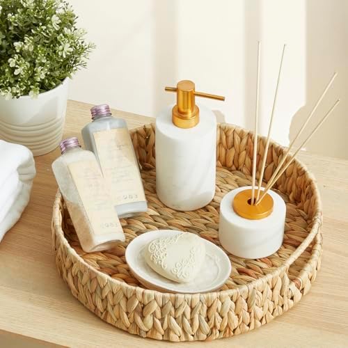 Round Water Hyacinth Serving Tray with Built-in Handles, Hand Woven Rattan Basket for Breakfast, Coffee, Tea, Snacks & Fruit, Decorative Storage Organizer, 13 Inch - Image 7