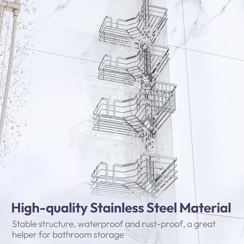 SWTYMIKI Shower Caddy Tension Pole - 4-Tier Corner Shower Organizer Tension Rod with Soap Holder, Toothbrush Holder & 4 Hooks, Adjustable Stainless Steel Bathroom Organizer 27.6 to 108.3 inch, Silver - Image 6
