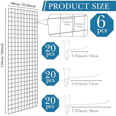Hicarer 6 Pcs Commercial Grade Gridwall Panels for Display, Heavy Duty Wire Grid wall Display Rack Metal wall Mount Grid with 60 White Hooks for Retail Display Home Storage Vendor Events(2 x 5 ft) - Image 3