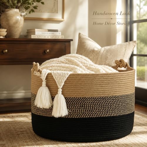KAKAMAY Large Blanket Basket (20"x13"),Woven Rope Baskets for storage Baby Laundry Hamper, Cotton Rope Blanket Basket for Living Room, Laundry, Nursery, Pillows,Baby Toy chest (Jute/Black) - Image 2