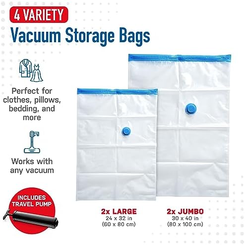 4 Pack Variety Vacuum Storage Bags for Comforters, Blankets & Clothes – Vacuum Sealed Compression Bags with Hand Pump – Space Saver Storage Bags for Bedding, Moving, Travel & Organization (2L & 2XL) - Image 3