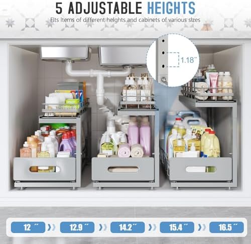 Under Sink Organizer Upgrade To Professional Rails,2-Tier Dual Pull Out Cabinet Storage,Height Adjustable Slide Out Drawers For Bathroom Kitchen,2 Pack-21"Dx12.8"-16.9"H,Gun Gray - Image 6