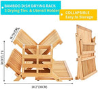 Bamboo Dish Drying Rack, 3 Tier Collapsible Wooden Dish Drainer Rack with Utensil Holder, Plate Rack for Kitchen Counter, Large Folding Drying Holder 51 pcs Grid - Image 5