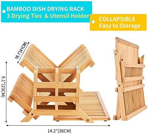 Bamboo Dish Drying Rack, 3 Tier Collapsible Wooden Dish Drainer Rack with Utensil Holder, Plate Rack for Kitchen Counter, Large Folding Drying Holder 51 pcs Grid - Image 5