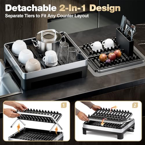 Urakify Large Stainless Dish Drying Rack for Kitchen Counter, Black - Image 4