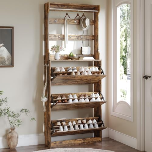Shoe Cabinet for Entryway with 3 Flip Drawers, Brown Tall Wood Shoe Storage Cabinet with Coat Rack, Narrow Hidden Slim Freestanding Shoe Rack Organizer, 2 in 1 Hall Tree for Living Room, Hallway by Xixini